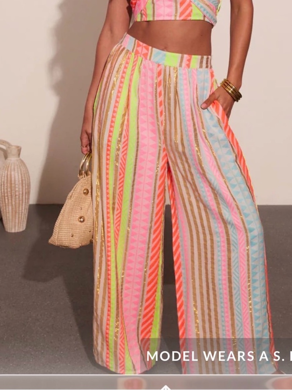 VICI Neon sun-kissed Striped Crop Top & Wide-Leg Pants Set - Multicolor